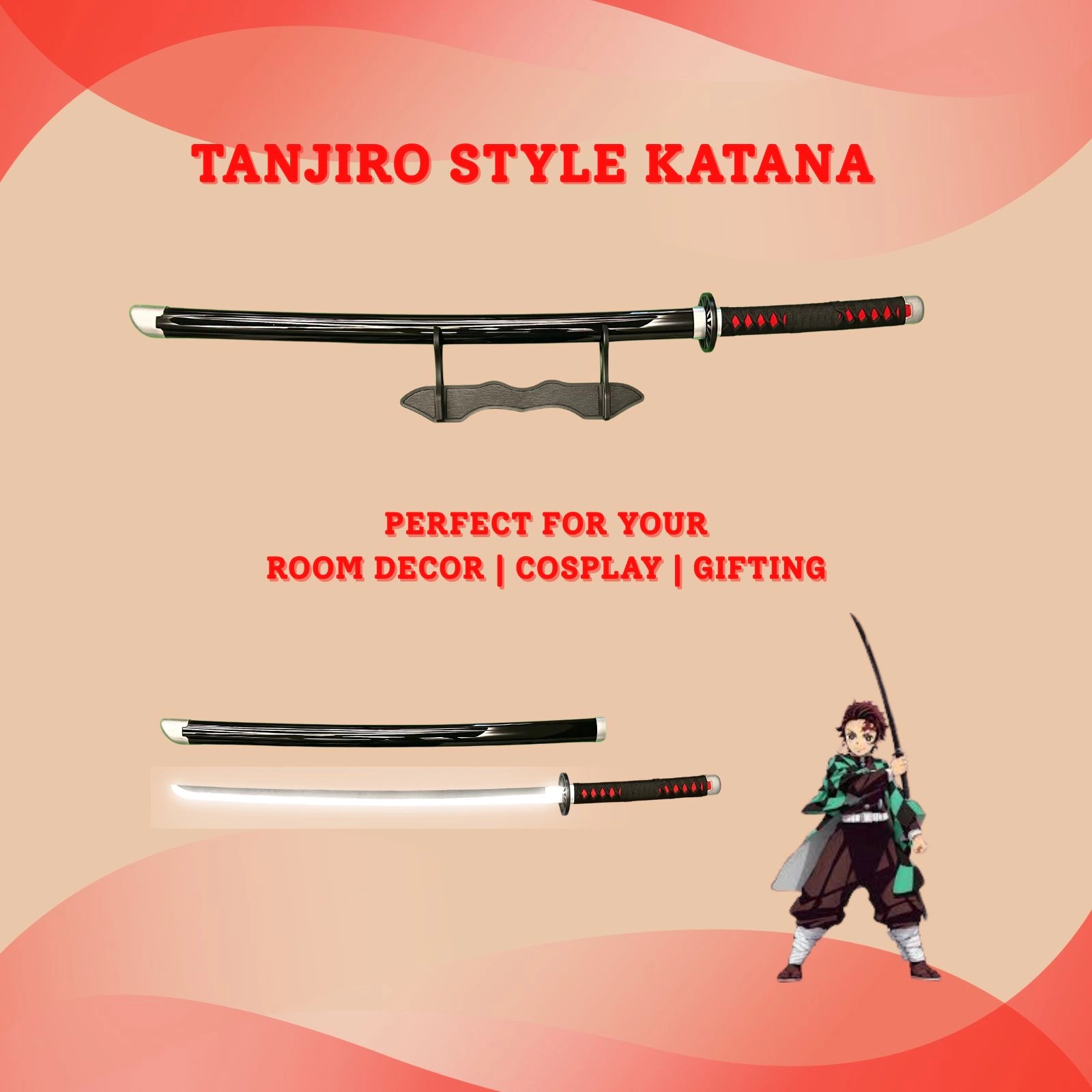 LED Demon Slayer Tanjiro’s Nichirin Cosplay Katana Premium Life Size Led Wooden Katana [104 CM]